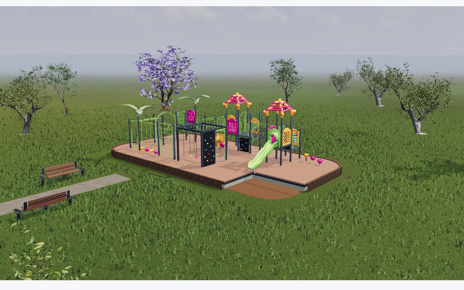 3D visualisation of a finished Kidzspace playground with slides, roofs and wet pour softfall